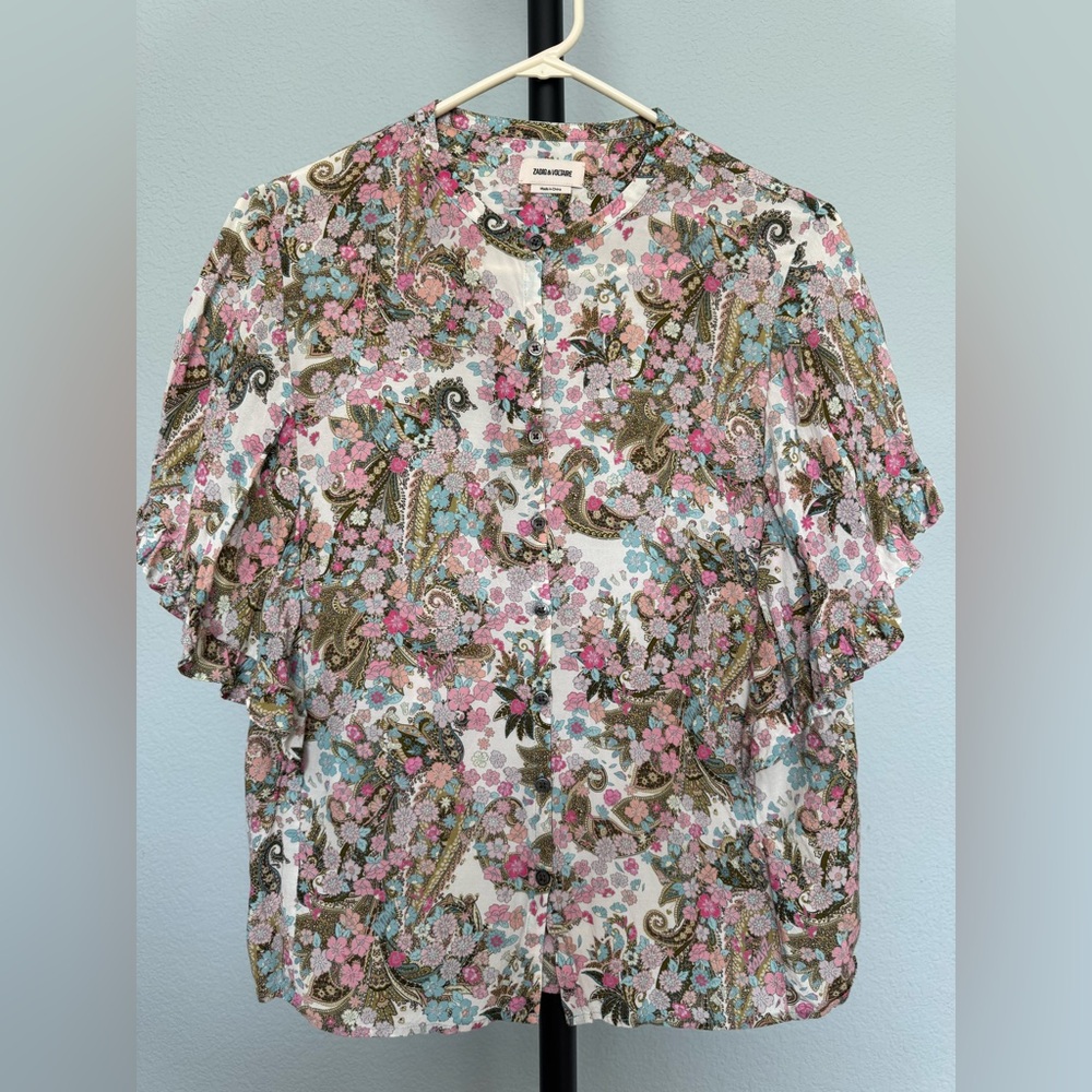 Zadig & Voltaire Floral Blouse with Ruffle Sleeves
